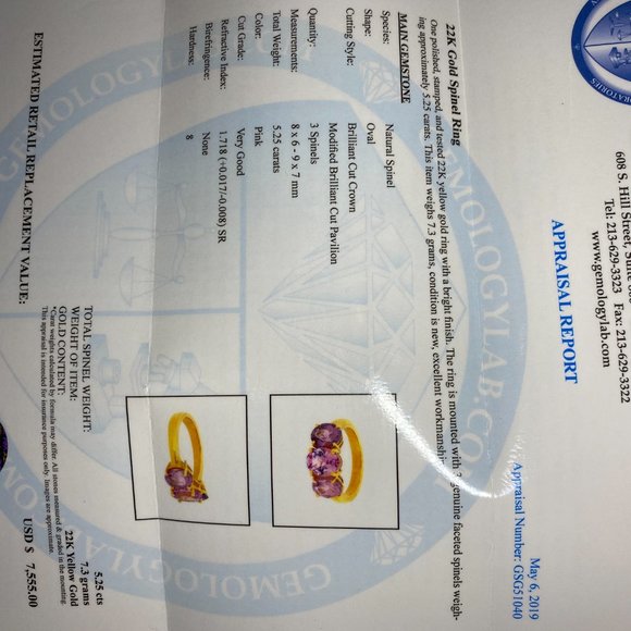 Certified Pink Spinel 5.25ct Solid 22K Gold Ring - Picture 8 of 8